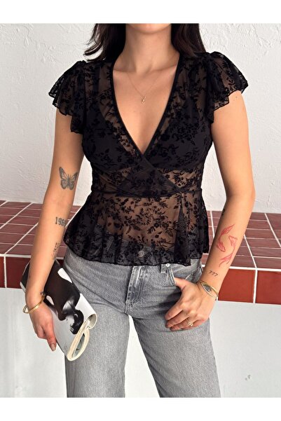 sportiness Αμάνικη μπλούζα από τούλι με βολάν και φλοκ εμπριμέ σχέδιο λουλουδιών