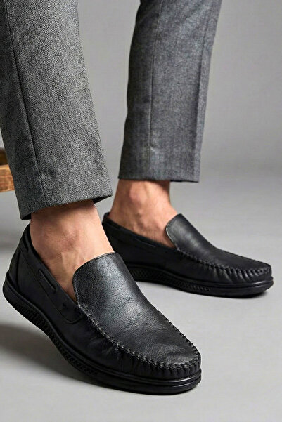 Ekonomik Ayakkabı Men's Black Genuine Leather Loafer Shoes – Orthopedic Sole ...