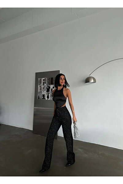 DAME Kadın Yüksek Bel Parlak Taş Desenli Özel Tasarım Likralı Palazzo Denim jean