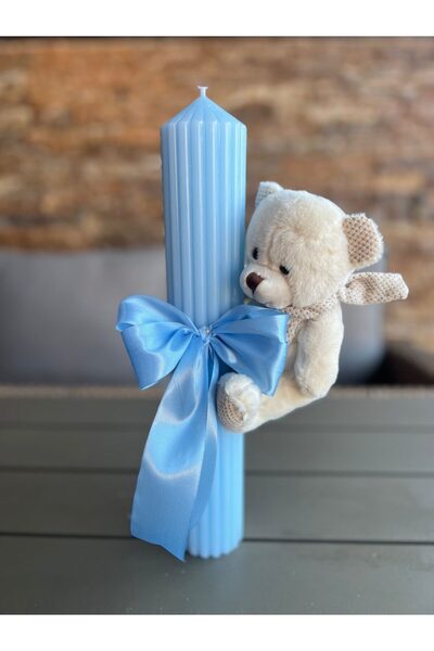 Botez Lumanare striata cu ursulet –blue , 35x6 cm