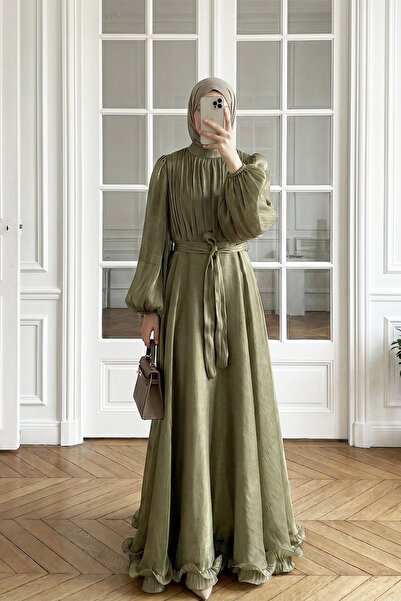 MODAQU Rochie din șifon cu fustă cu curea și căptușeală cu volane - Kaki