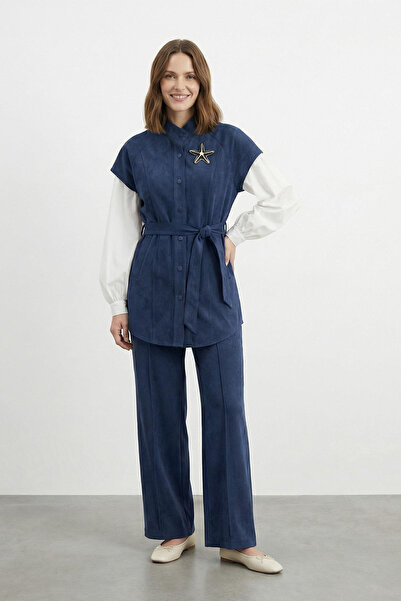 Puane Modal Hakim Yaka Lacivert Pantolonlu Takım 14454