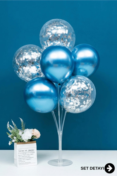 Bunloon Krom Mavi Konfetili Balon Standlı Set 9 Parça Parti Organizasyon