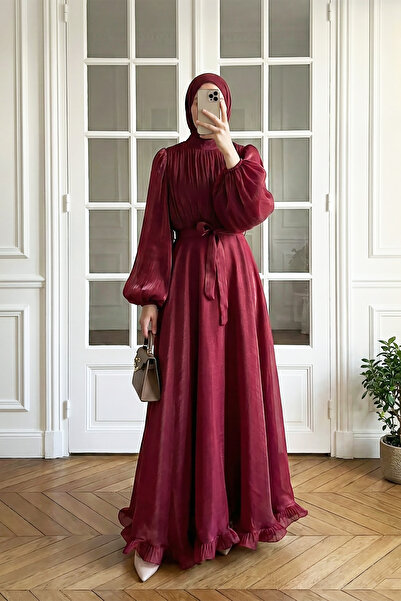 MODAQU Belted Skirt with Flounce Lining Chiffon Dress - Burgundy