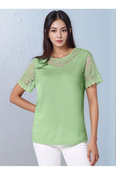 MAMAYAGA Women's Crew Neck Half Lace Sleeve and Collar Detail Viscose Plus Si...