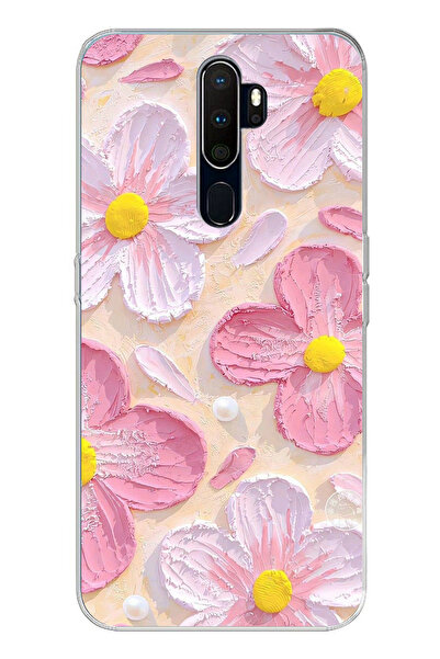 TechTree Oppo A5/A9 2020 Uyumlu Pembe Beyaz Çiçekler Sulu Boya Baskılı Siliko...