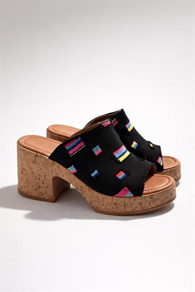 Difolia Women's Silva Black Denim Fabric Cork Sole Orthopedic Platform Heel S...