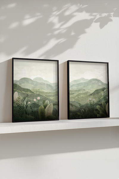 STARYUNA Green Valley Landscape Double Painting Set with Black Wooden Frame Y...
