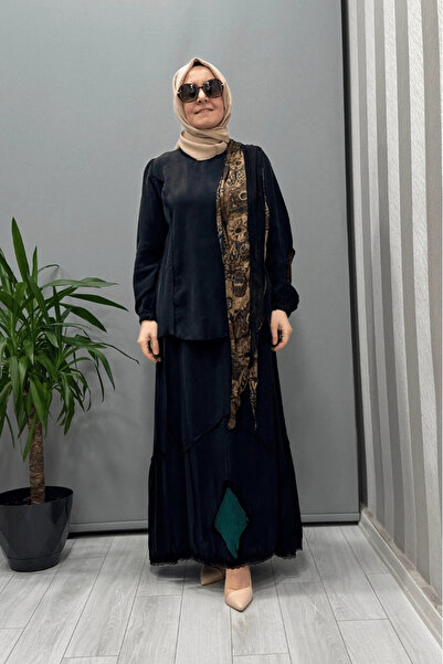 MissWhence Patchwork Detailed Blouse Skirt Set Black 37003