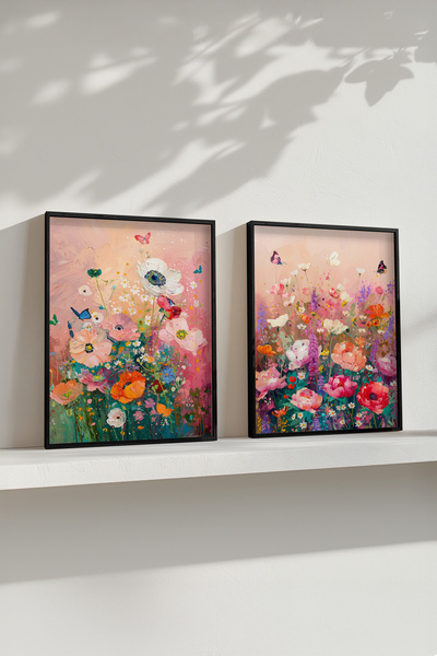 STARYUNA Black Wooden Framed Colorful Flower Garden Double Painting Set Yuna545