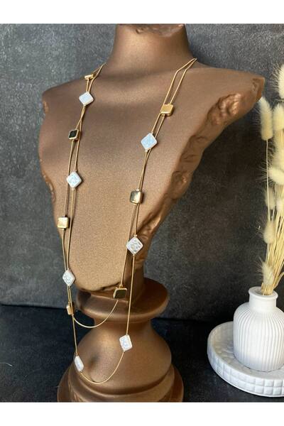 Luxiva قلادة نسائية طويلة من الفولاذ بتفاصيل مربعة مزدوجة الصفوف