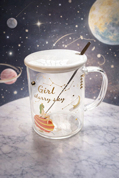 Two Two Ceramic Cup with Lid and Spoon, Girl Sky Written on It – 360ml Heat R...