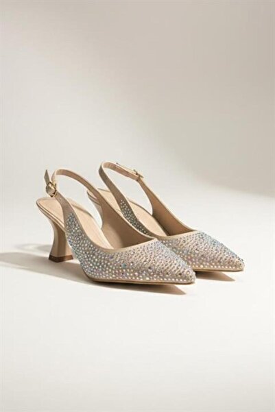 Difolia Women's Emma Gold Satin Stone 7 cm Thin Heeled Shoes & Stileto