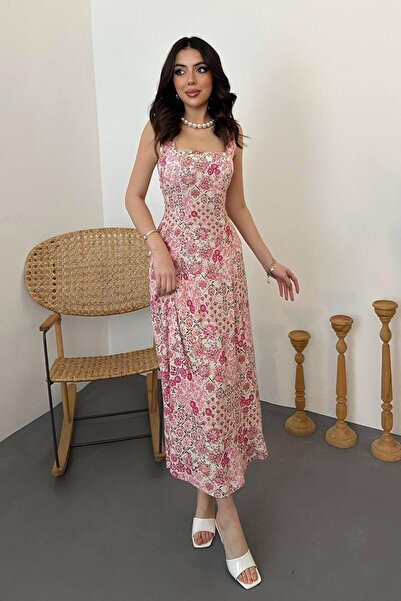 LOKADI Kadın Kare Yaka Çiçek Desenli Viskon Maxi Elbise