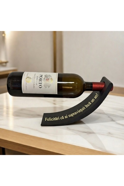 baretepro Cadou Amuzant Zi de Nastere, Suport Sticla Vin Efect Plutire, Print 3D, Mesaj "Felicitari", Negru