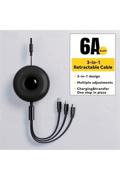 creation Huawei 66W Retractable 3‑in‑1 Data Cable – USB to Micro + Ip + Type‑C