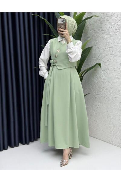 FIRSTESLEM Düğmeli ve Bağlamalı Yelek ve Etekli Kadın ikili Takım