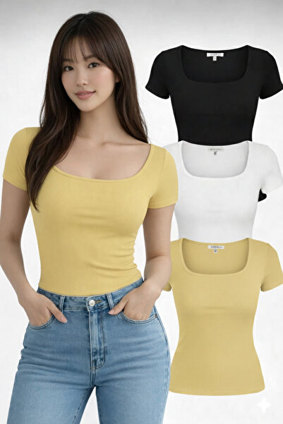 NERTH STYLE Set of 3 U-Neck Short Sleeve Ribbed Cotton Blouse T-Shirts