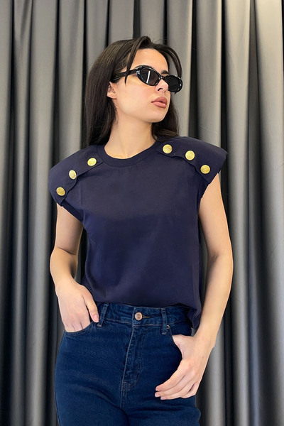 Qu Style Shoulder Padded Button Detail T-Shirt - Navy Blue Navy Blue