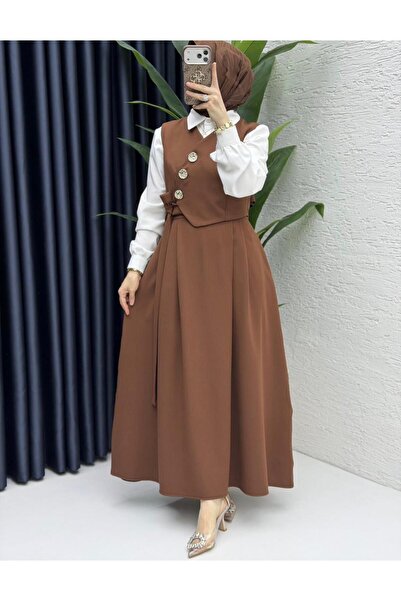 FIRSTESLEM Düğmeli ve Bağlamalı Yelek ve Etekli Kadın ikili Takım