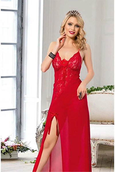 Bleu Petite Red Slit Detailed Long Women's Nightgown