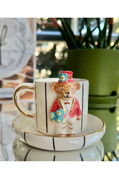 NOF El Yapımı Seramik Gerçek 24k Altın Damat Teddy Türk Kahvesi Fincan