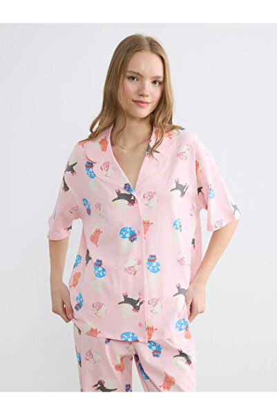 LC Waikiki LCW Young Pink Košulja kragna Sa deznom ženski pidžama set