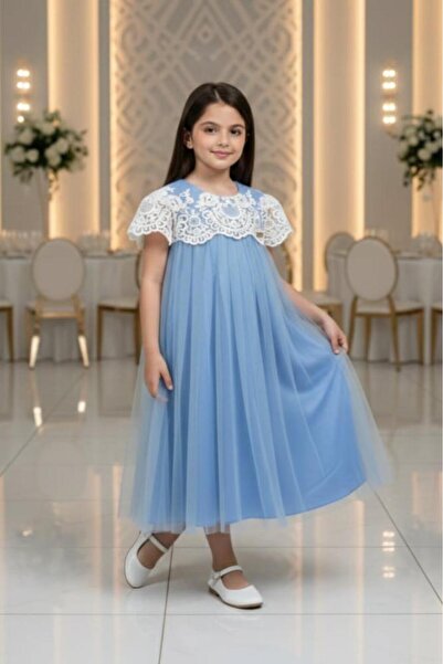 Alesaei-mondo tondo (Girls' blue dress with a luxurious Tulle design and whit...