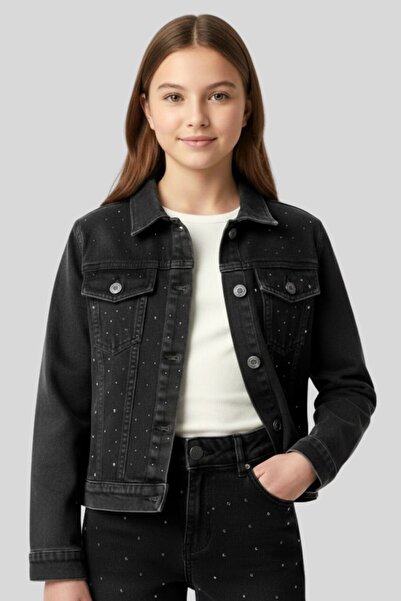 ww waka waka kids store جاكيت دنيم مطرز بالحجر باللون الرمادي الفحمي للفتيات ...