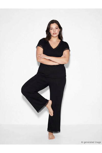 LC Waikiki Lcw Dream Black V-Neck Tulle Detailed Women's Pajama Set