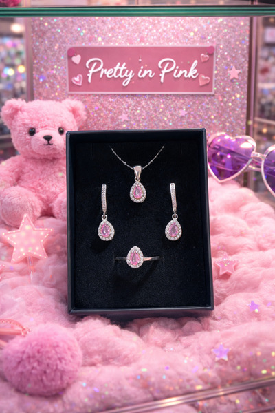 ROSEMIX 925 Ayar Gümüş Pembe Kuvars Damla Taşlı Set (Kolye Küpe Yüzük)