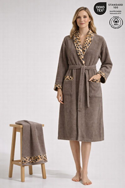 Ellaline Leopard Patterned Women's Bathrobe Set 100% Cotton Certified 2-Piece...