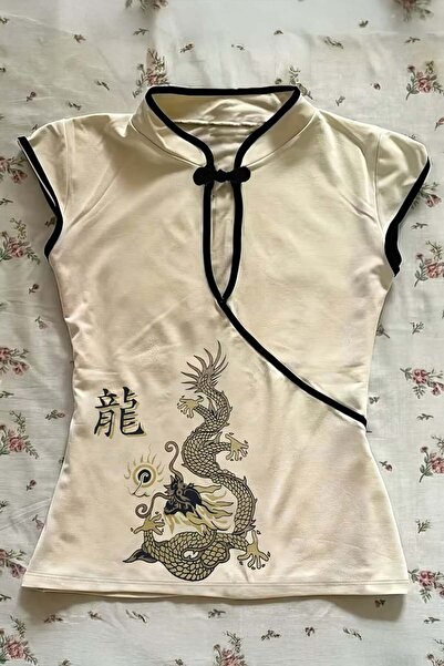 BALİNA Ecru Mandarin Collar Dragon Motif Vintage Qipao Y2K Short Sleeve Crop