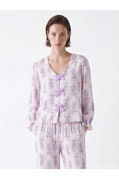 LC Waikiki LCW DREAM Pembe V Yaka Fiyonk Desenli Kadın Pijama Takım