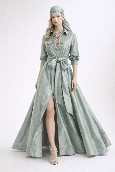 ALYEL NAKER Maxi Stylish Taffeta Shirt Dress with Front Zipper Detail & Pockets