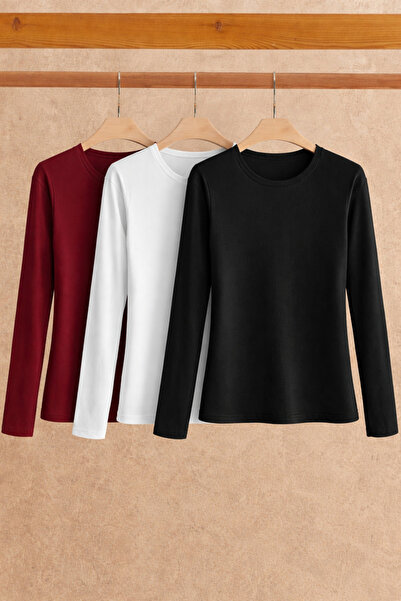 COMBİNE MİCHAİL Women's Cotton Crew Neck Slim Fit 3-Piece Blouse