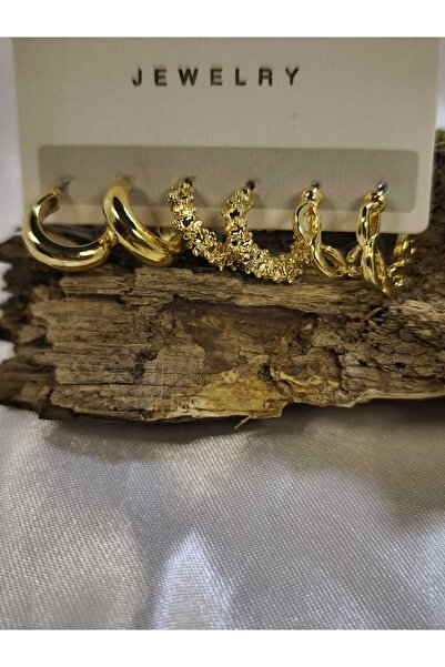 QERMA 3'LÜ Halka KÜPE SETİ Çelik Gold Renk Trend Kadın Vintage Desenli Modern...