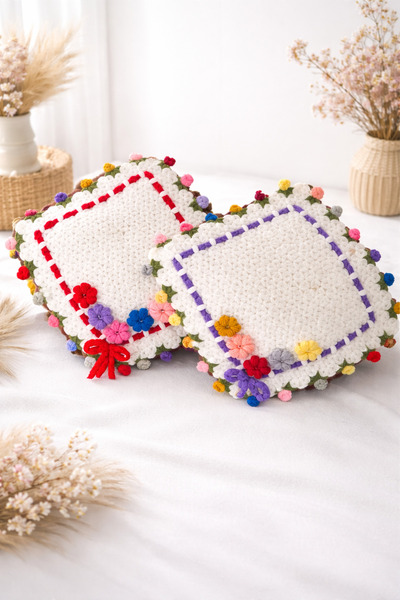 EL YAPIMI 2’li Çiçek Detaylı Banyo Lifi Seti – Çeyiz & Bohça İçin Özel Tasarım