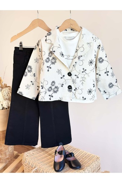 Pinkitokids Premium Series-Embroidered Linen Jacket-T-Shirt and Denim Trouser...