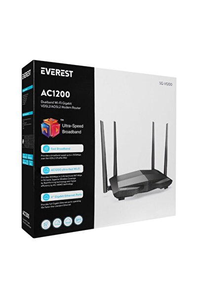 Everest SG-V1200 AC1200 Dualband Wi-Fi Gigabit VDSL2/ADSL2 4X5dbi Anten Kablo...