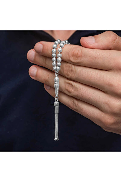bazarhane Supertrend Silver Striped Round Men's Prayer Beads