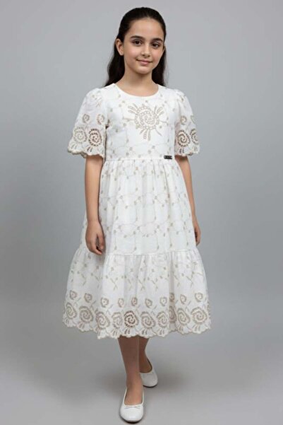 Alesaei-mondo tondo White girl's dress with gold Embroidered details (7322)