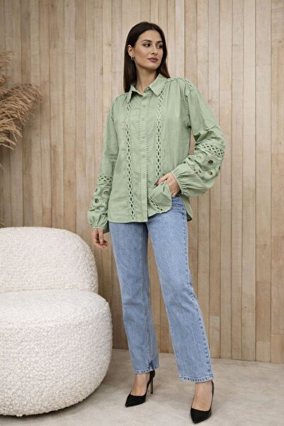 TULE LINE İŞLEMELİ OVERSIZE GÖMLEK