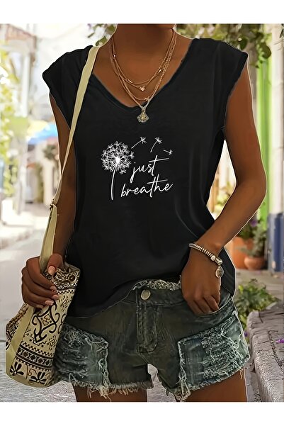 mercoledi Mix Printed Women's Sleeveless V-Neck Relaxed Fit T-Shirt