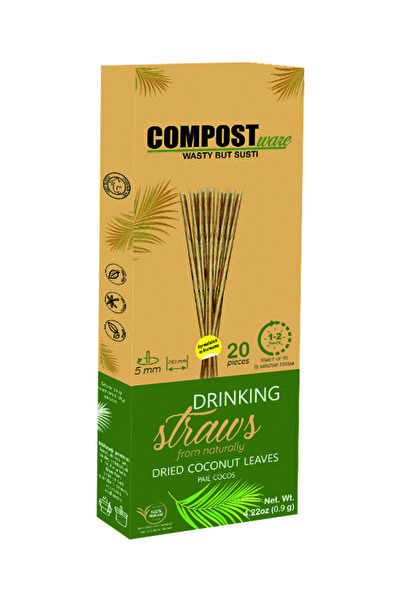 COMPOSTware Drinking Straws|Coconut Leaf|Set of 20|8 mm L 210 mm|Compostable