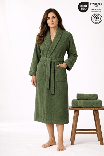 Ellaline Women's Bathrobe Set 100% Cotton Certified 3-Piece Striped Shawl Col...