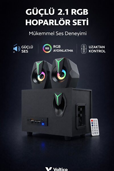 Voltico 2.1 RGB Gaming Hoparlör Seti – Güçlü Bass, LED Aydınlatma, USB/TF/AUX...