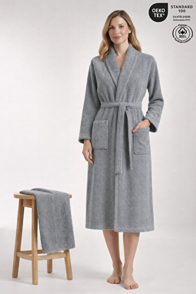 Ellaline Striped Women's Bathrobe Set 100% Cotton Certified 2-Piece, Shawl Co...