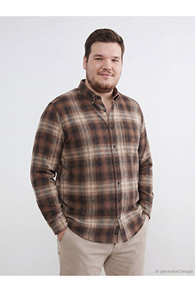 LC Waikiki GiyÇık Store Καφέ Ανδρικό Καρό Πουκάμισο Κανονικής Εφαρμογής