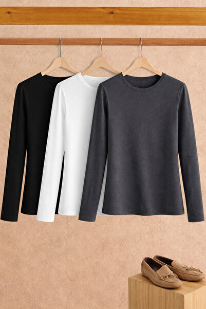 COMBİNE MİCHAİL Women's Cotton Crew Neck Slim Fit 3-Piece Blouse